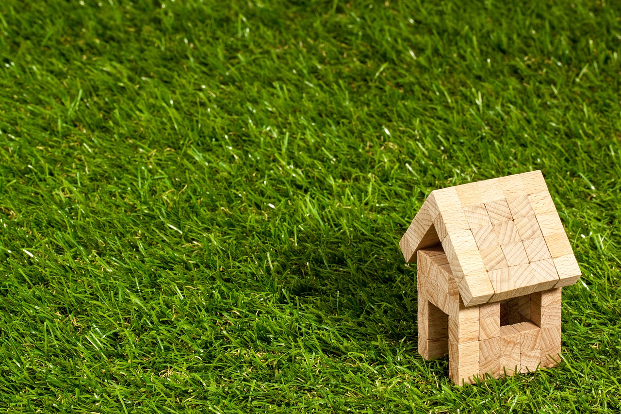 Small wooden house on green grass